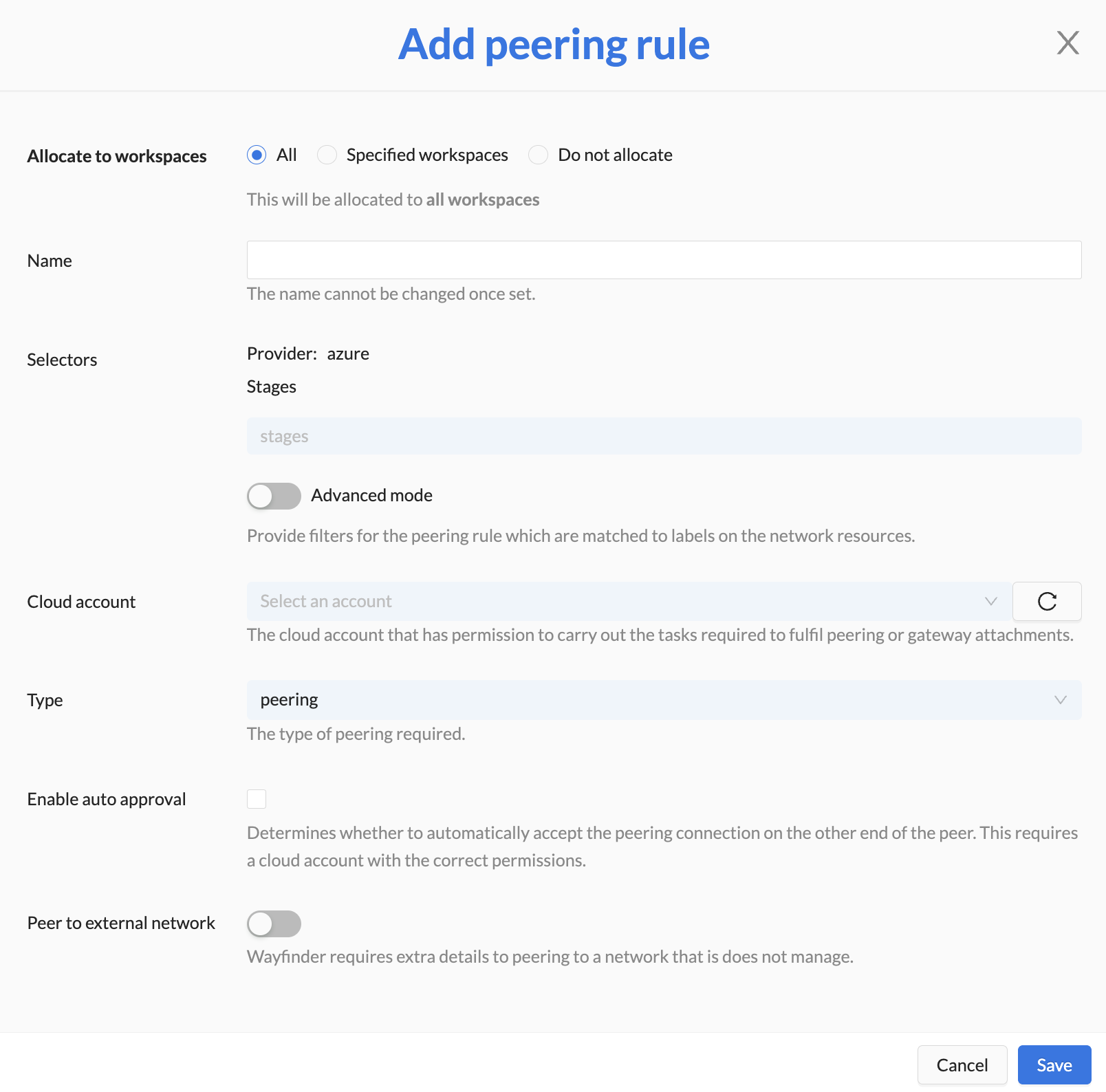 Set up account peering rule i.e. for Azure Set up account peering rule